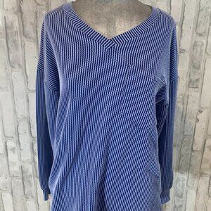 Blue ribbed basic v-neck Long-Sleeved Shirt